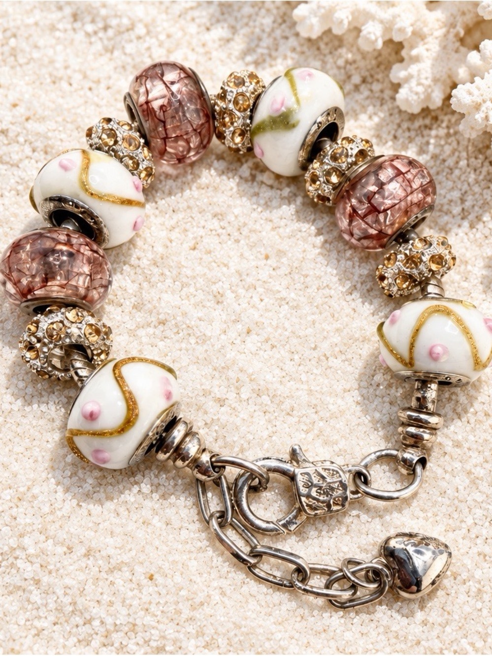 Beaded Charm Bracelet with Murano-Style Glass and Crystal Accents .925 Sterling